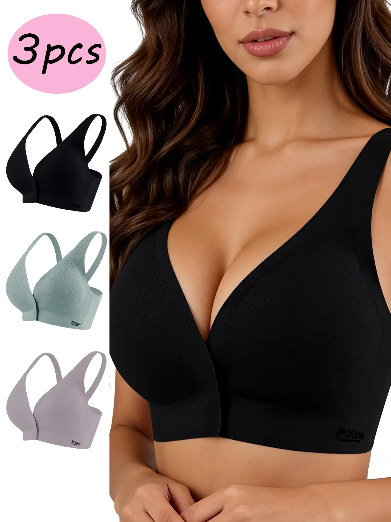 This 3-pack includes Underwear, small-size, Medium push up, seamless, Medium support, Basic bras with front closure design. Crafted from breathable mesh fabric, these wireless bras deliver zero restriction and all-day comfort