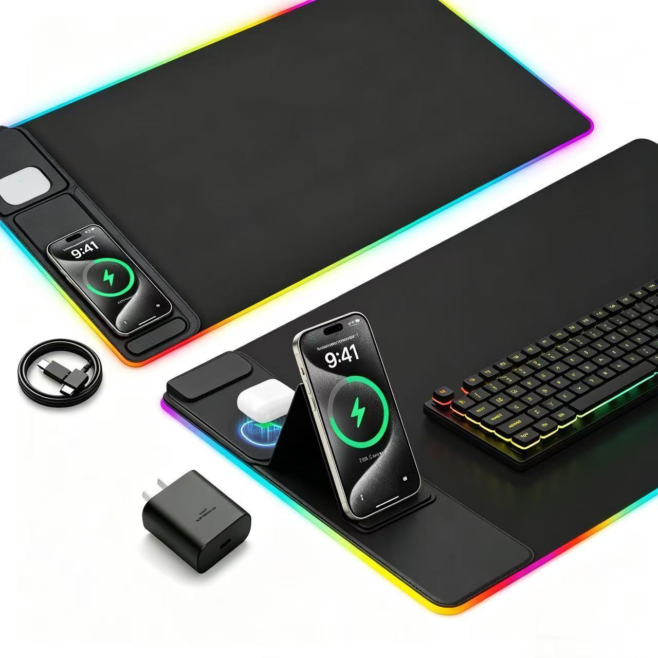 Large LED Desk Mat, RGB Gaming Mouse Pad with Wireless Charging & Phone Stand, Multiple RGB Lighting Modes, Fast Charging for iPhone & AirPods, Non-Slip Base, Smooth Waterproof Surface, Desk Decor for Gamers, Home & Office Essentials
