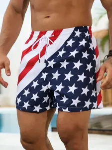 Men's Star Spangled Banner Printed Loose Shorts, drawstring waist design. Quick dry breathable casual pants, ideal summer wear for beach and party 250th Independence Day July 4th