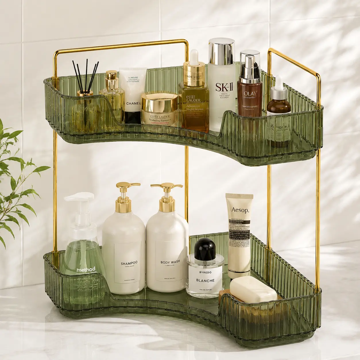 【DealsForYouDays】Double Layer Corner Vanity Organizer, Bathroom Countertop Storage Rack with Perfume Tray & Cosmetic Shelf, Makeup Skincare Organizer for Small Spaces, Bedroom Dresser, Bathroom Vanity, Home Organization Gift for Women