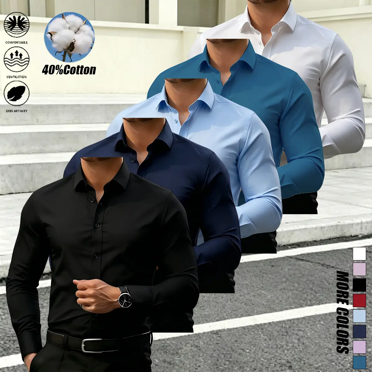 Men's Retro Long Sleeve Collared Neck Dress Shirts (Pack of 5) - Button Closure, Non-See-Through, Durable, Smooth Texture, Easy-Care Tops, Machine Washable, Ideal for Commuting, Business, All Seasons, Available in Black-Dark Blue-Red-Diamond Blue-White