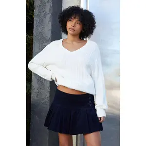 John Galt Women's Blue Corduroy Pleated Mini Skirt - Multicolor