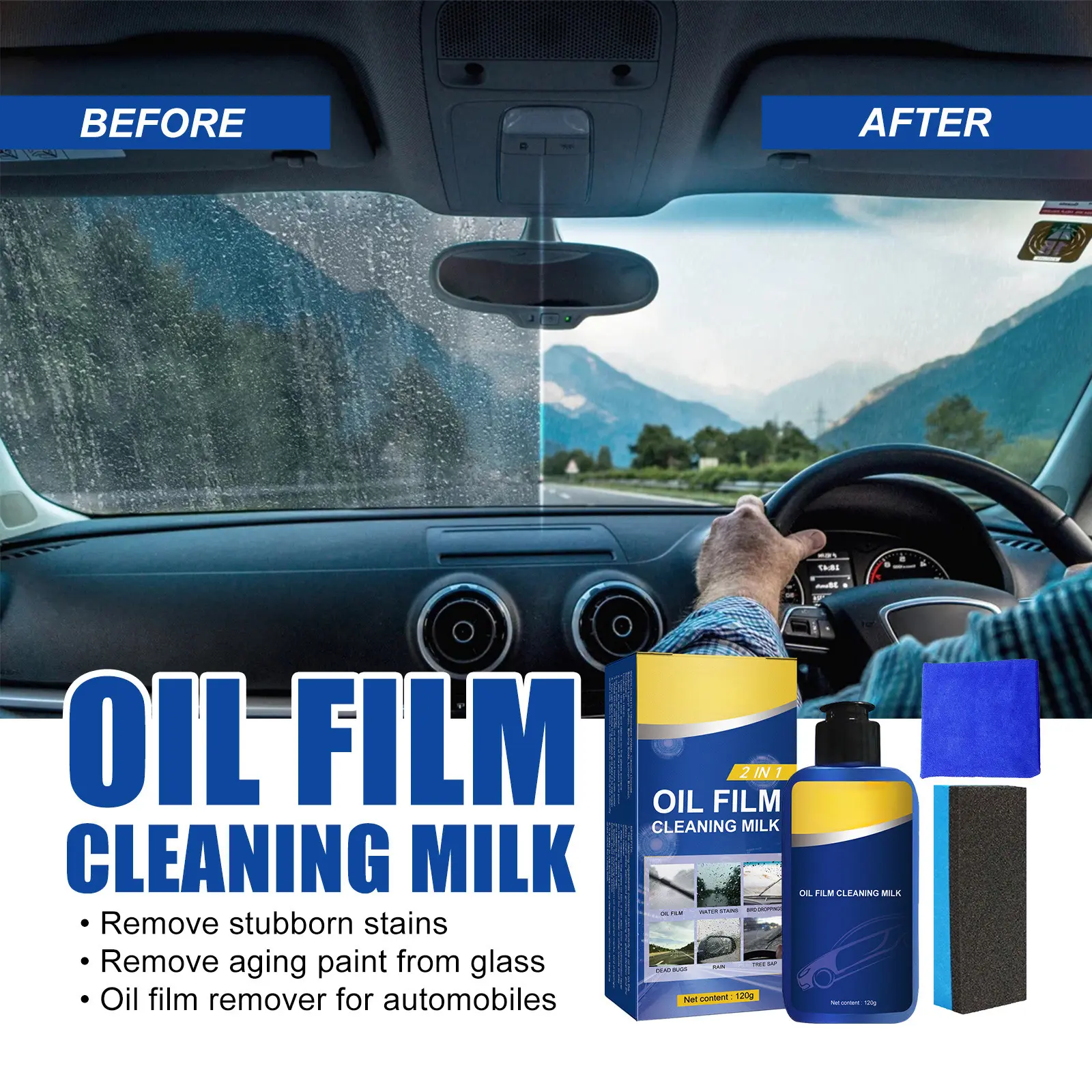 2-in-1 Car Oil Film Cleaner – Removes Stubborn Stains & Dirt from Windshields & Windows – Effective for Clearer Visibility