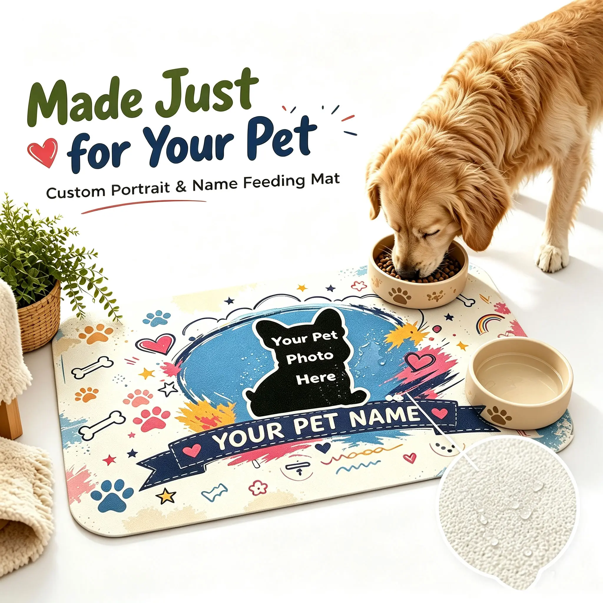 Personalized Custom Pet Feeding Mat with Pet Photo & Name, Send Custom Info via TikTok Shop Inbox, Absorbent Non-Slip Quick Dry Dog Cat Food Water Bowl Mat, 3 Sizes Floor Protection Placemat