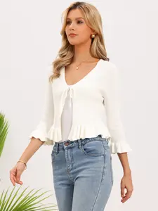 INSPIRE CHIC Tie Front Shrug for Women Ruffled Long Sleeve Rib Knit Open Front Cardigan Sweater Crop Tops