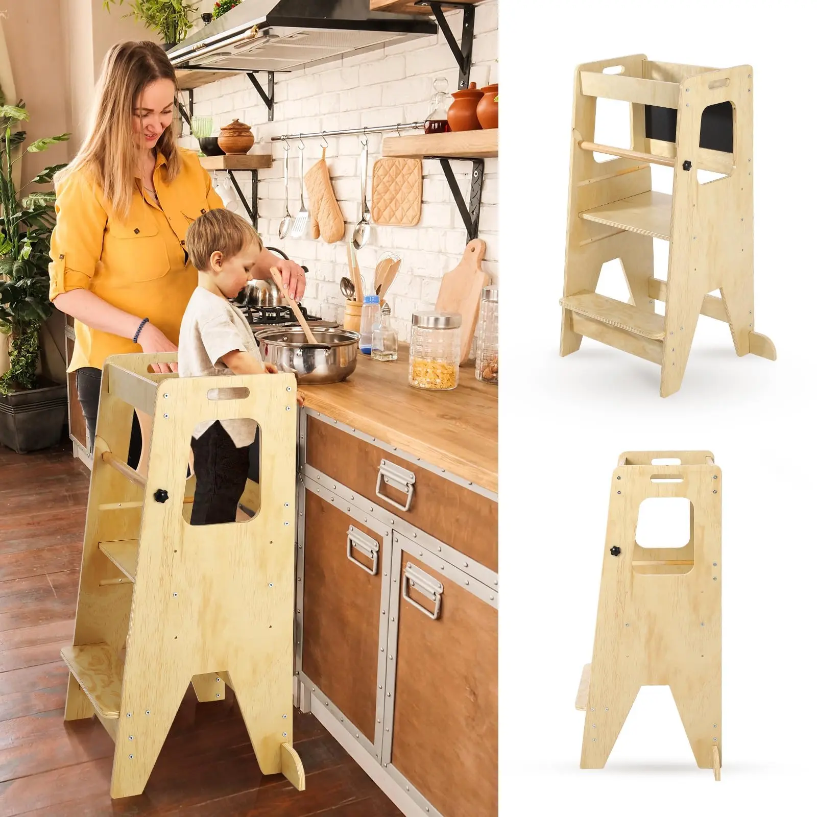 GARVEE Adjustable 3-in-1 Toddler Standing Tower and Kitchen Step Stool with 150LBS Load Capacity, Featuring Anti-Drop Safety Railing for Secure Use