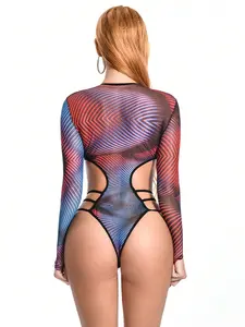 Sexy Geometric Jumpsuit, High Stretch Colorful Bodysuit, Thin Glossy Lingerie, All-Seasons Intimate Wear, Single Piece Set, Lady