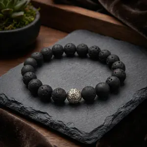 Men's Dragon Scale Lava Rock Bracelet | Natural Black Lava Stone Grounding Bracelet for Men Women Unisex Daily Wear