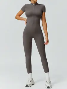 Women's High Elastic Soft Collar Half-Zip Tight Waist Tight Hip Yoga Suit, Sports Jumpsuits, Outdoor Running, Cycling, Gym Sports Training All-Match Short-Sleeved Pants Yoga Jumpsuit Sporty Comfy Jumpsuit Workout Jumpsuit Workout Apparel