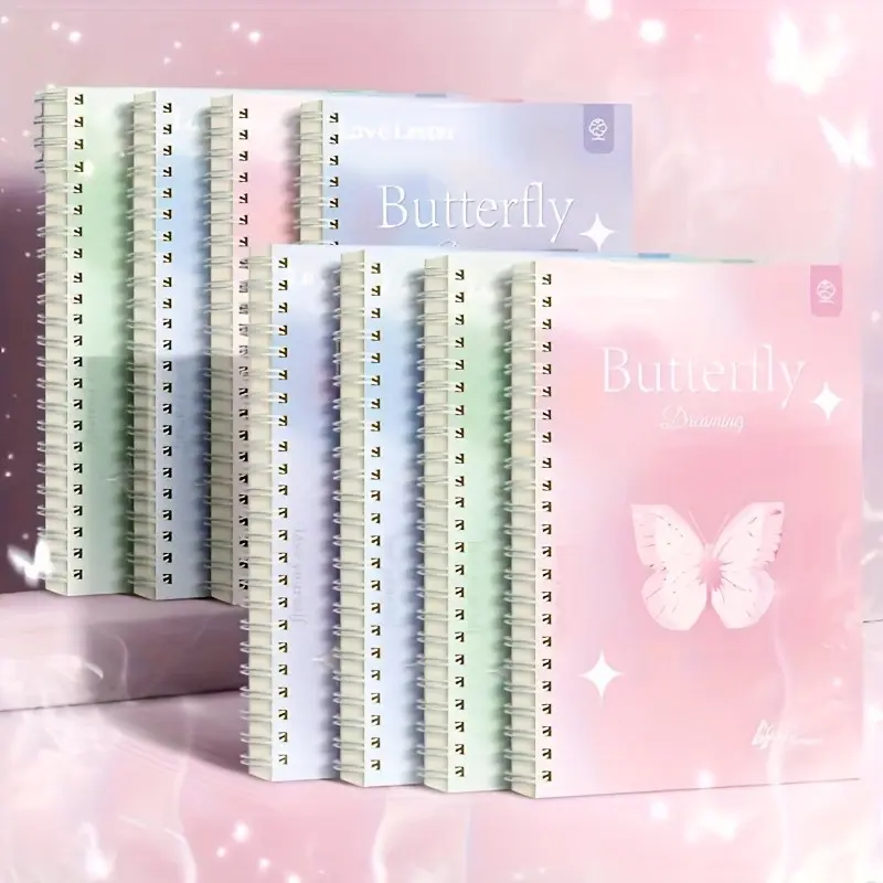 Cute Animal Design Spiral Notebook, A5 Butterfly Dream Theme, Butterfly Motifs, Flat Lay Binding, Ideal for Diary Notes Art Sketches