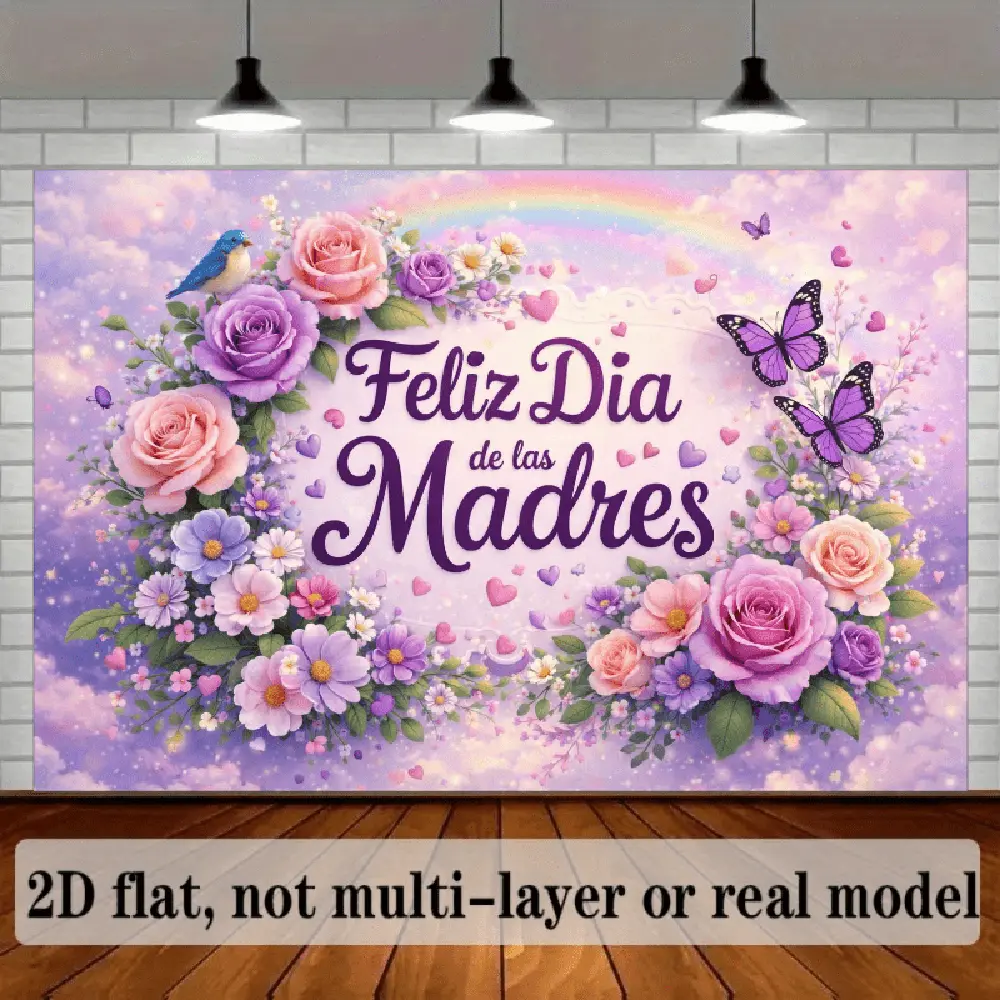 2D Flat Heart-shaped Floral Wreath Themed Backdrop Featuring a Heart-shaped Floral Wreath, Pink Roses, Small Purple Flowers, Purple Butterflies, Purple "Feliz Dia De Las Madres" Text, Purple Hea