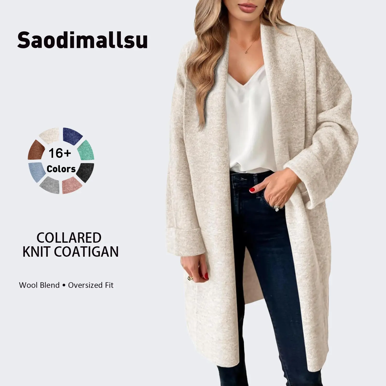 Saodimallsu Women's Long-Sleeve Collared Knitwear Cardigan - Chunky, Open-Front, Oversized, Slouchy Basic Casual Fall Lazy Outfit Sweater Top Jacket, Clothes, Goat, Thanksgiving, Valentines Day, Knitting, Lady, Long Sleeve Shirt, Lightweight, Polyamide