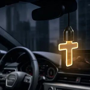 1pc Elegant Cross Light Car Pendant Mirror Hanging Soft Glow LED Ambient Light Night Light Decoration Faith Ornament for Vehicle