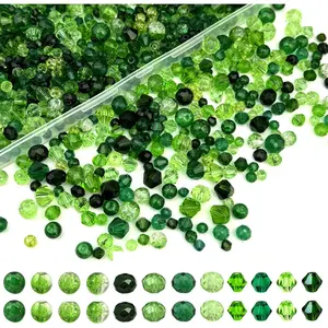1000 count  Glass Beads for  Making - Green Color Assorted Size and Styles (Bicone, Rondelle, Crackle Round) Craft Glass Beads, DIY Bracelet Necklace Earring Craft Kit with Organizer Box