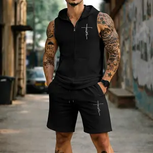 Men's Faith Graphic Sleeveless Hoodie Shorts Set 2 Piece Outfit Zip Up Hooded Vest Drawstring Shorts Summer Casual Gym Workout Streetwear Breathable Lightweight Athletic Lounge Set