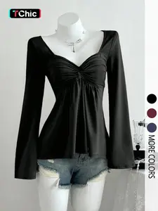 Women's casual V-neck long-sleeved Fitted T-shirt with knotted front, a versatile new style, suitable for casual and formal office commuting occasions.