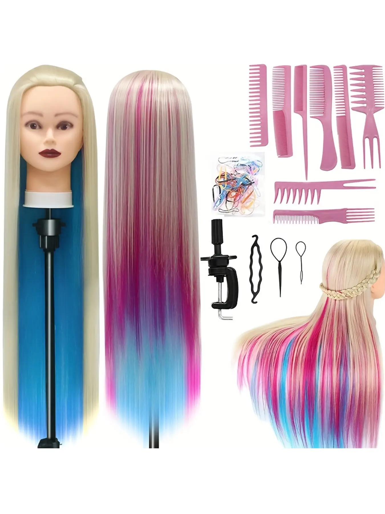 28 Inch Synthetic Fiber Doll Head Training Model, DIY Braiding & Hair Styling Practice Tool, Hairstylist Training Kit, Unisex Adult Use, Mannequin Head