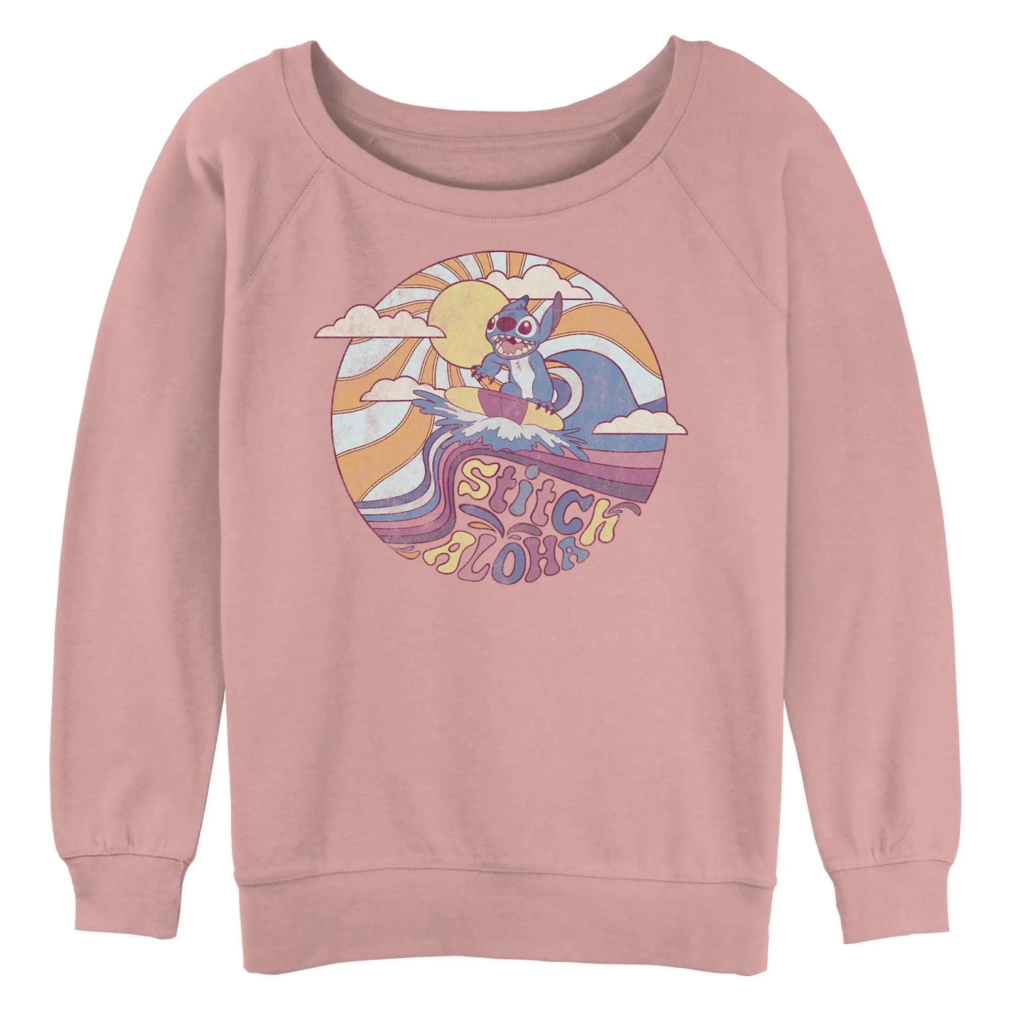 Junior's Lilo & Stitch Aloha Stitch Distressed Surf Circle Sweatshirt