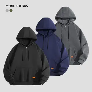 Men's Solid Color Half Zipper Hoodie, Fleece Lined Pullover Long Sleeve, Suitable for Autumn and Winter Casual Warmth, Outdoor Sports Apparel