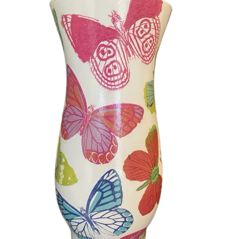 Decoupaged glass vases. Butterflies , cherries or floral designs hand decorated