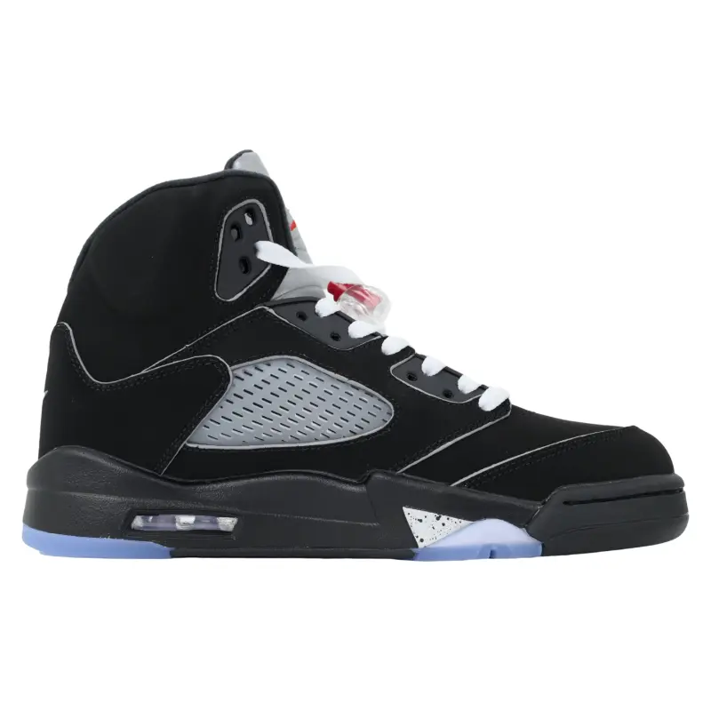 retro high-top basketball sneakers made of soft matte black suede, paired with silver perforated mesh panels, transparent lace locks, speckled midsole and shock-absorbing rear air cushion, sleek trendy streetwear casual footwear