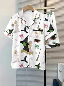 Women's Sleepwear 2-Piece Set, Wicked Elphaba & Glinda Pattern, Comfortable Night Home Wear, Soft Fabric, Casual Daily Use