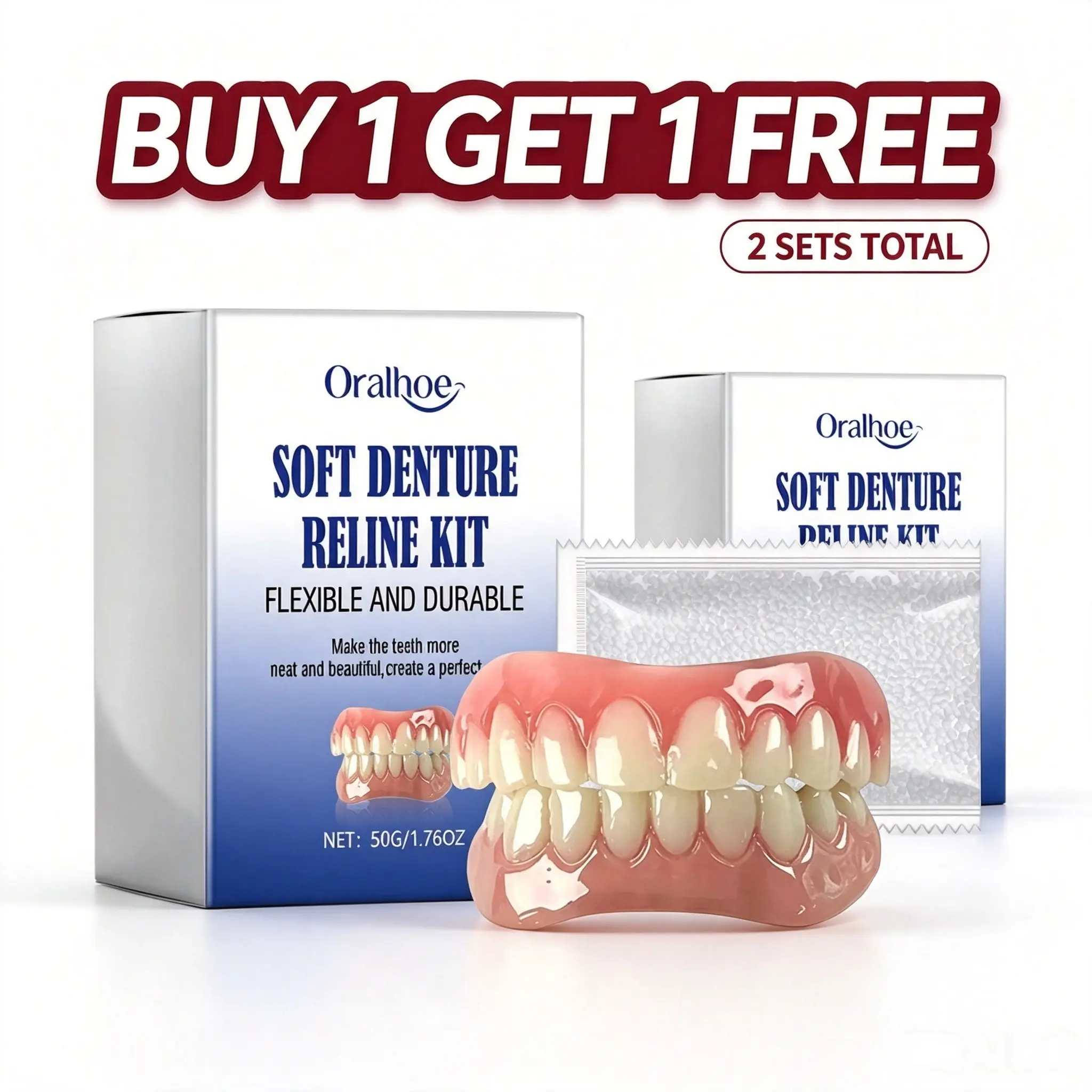 Boost your smile game with Oralhoe Cosmetic False Teeth Kit! Comfy removable covers fit every social plan. Buy 1 Get 1 Free and grab two sets. Reminder: It only relines loose dentures; do not use it as new dentures.