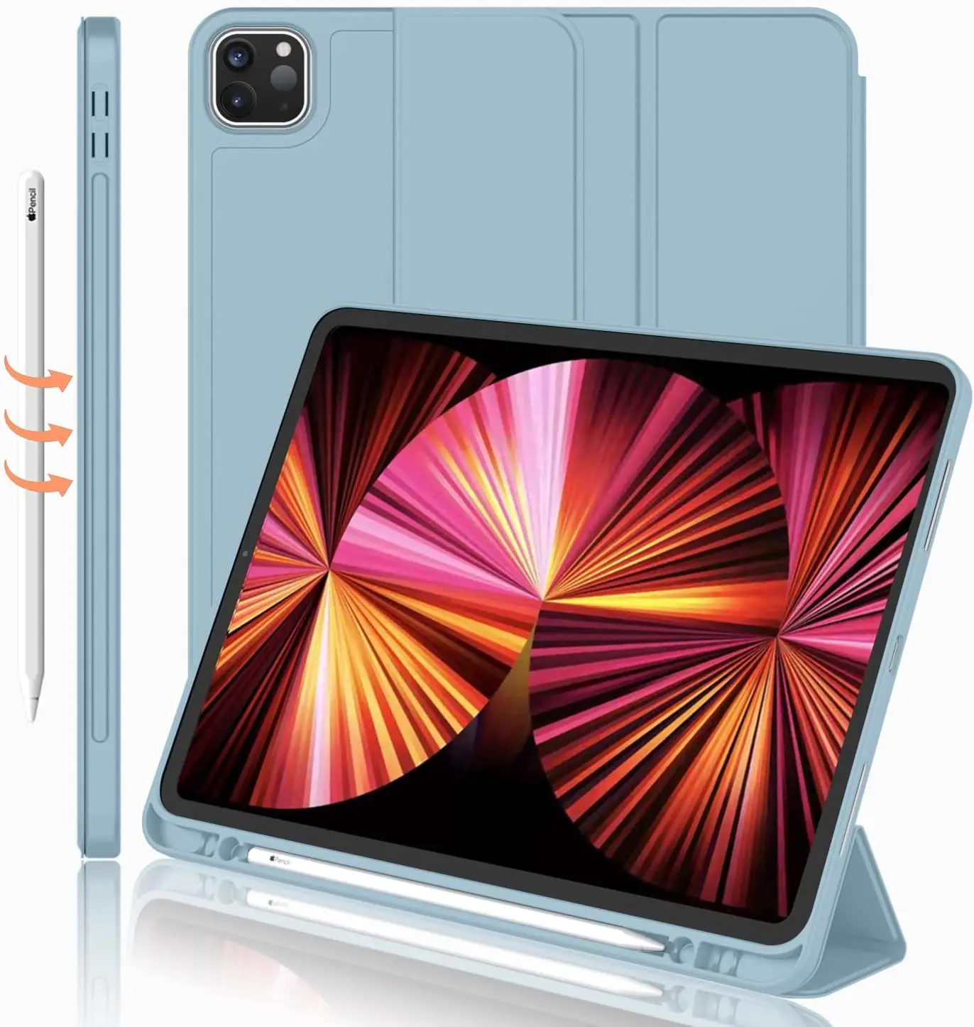 iPad Pro 11 Inch Case 2022 4th Gen 2021 3rd Gen with Pencil Holder Support iPad 2nd Pencil Charging Pair Trifold Stand Smart Case Soft TPU Back Auto Wake Sleep Light Blue