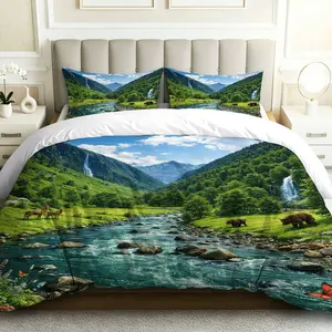 3PCS Duvet Cover Set, 1 Duvet+2 Pillowcases(Without filler), Nature Landscape Wildlife River Mountain Forest theme, Holiday bedding set, Scenic print Suitable for decoration bedroom, guest room, living room, farmhouse.