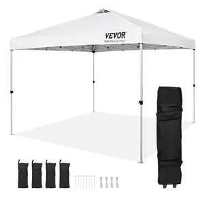 【FathersDayGift】VEVOR Pop Up Canopy Tent,  , 10 x 10 ft, 250 D PU Silver Coated Tarp, with Portable Roller Bag and 4 Sandbags, Waterproof and Sun Shelter Gazebo for Outdoor Party, Camping, Commercial Events, White