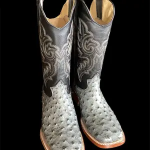 Men's Gray Ostrich Boots with Intricate Embroidery Design and Orange Trim Sole
