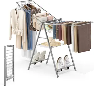 Drying Rack Clothing, Clothes Drying Rack Foldable, Metal Laundry Drying Rack Collapsible for Sweater Towel Indoor & Outdoor, Height Adjustable Gullwing Clothes Airer, Grey APEXCHASER