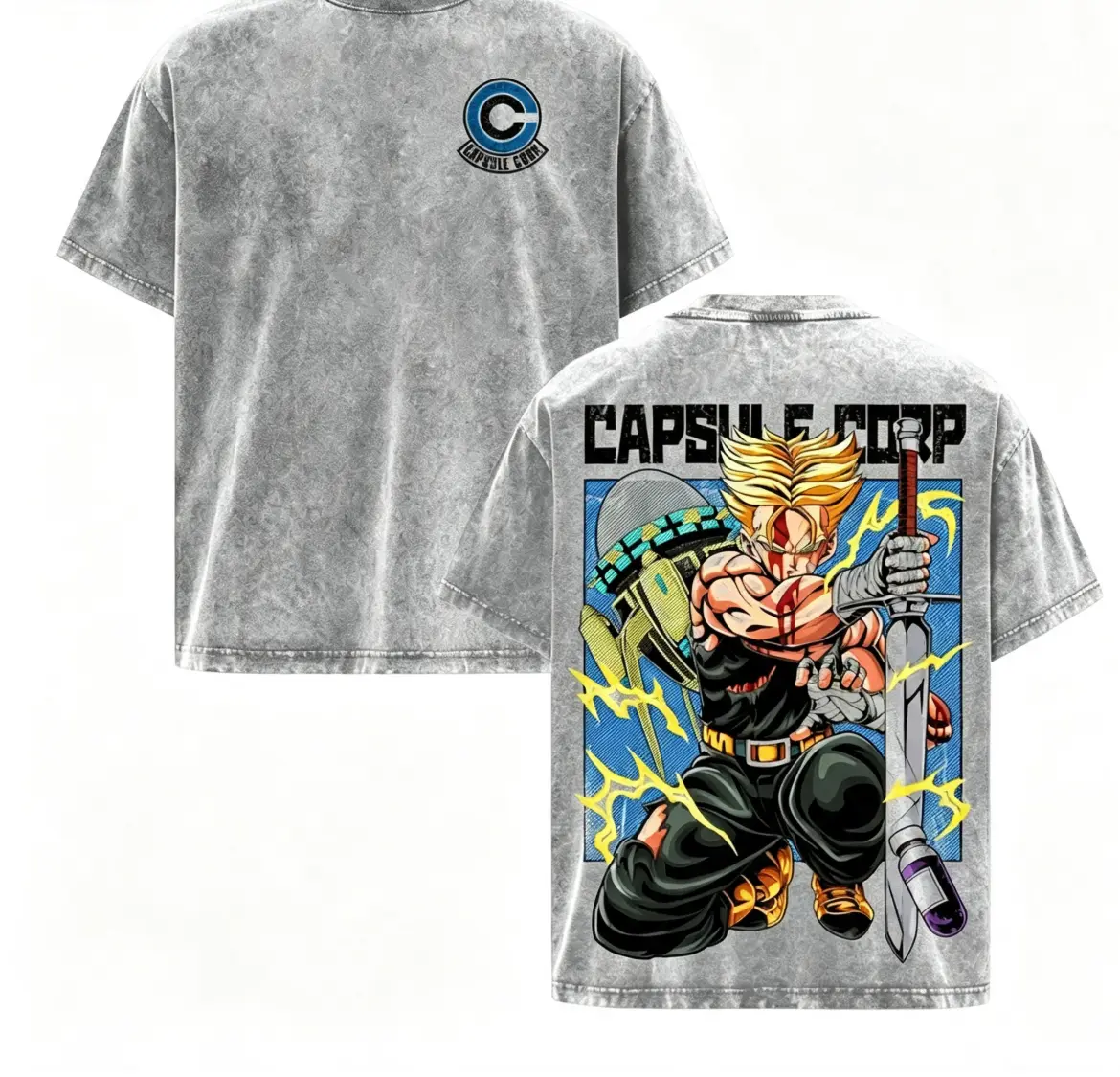 Future Trunks Golden Saiyan Warrior Capsule Corp DBZ Vintage Washed Anime Shirt Sword Warrior Graphic Oversized Tee top ideal gift favorite shirt tee short-sleeve round neck casual t-shirt loose fit crewneck wash loose fit vintage cotton graphic t-shirt