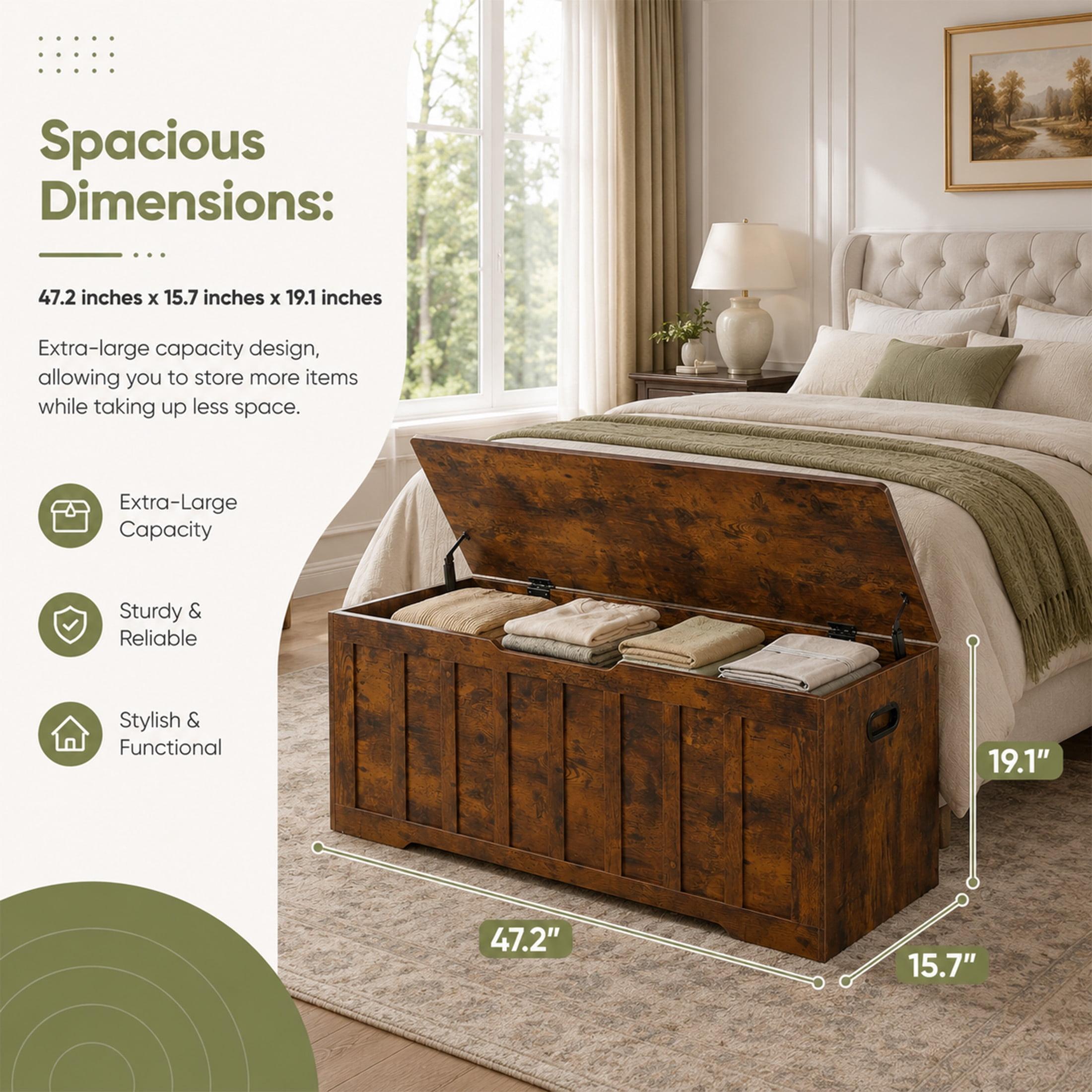 Farmhouse Wooden Storage Bench - Multipurpose Furniture, Farmhouse Style Decor, Large Size, 47.2" L × 15.7" W × 19.1" H, Safety Hinges, 220lb Load Capacity, Organizer for Shoes/Toys, Assembly Required Entryway Home Decor, Blankets Farmhouse Wooden Storage Bench - Multipurpose Furniture, Farmhouse Style Decor, Large Size, 47.2" L × 15.7" W × 19.1" H, Safety Hinges, 220lb Load Capacity, Organizer for Shoes/Toys, Assembly Required Entryway Home Decor, Blankets