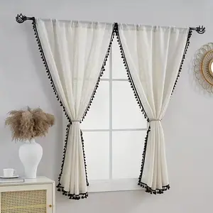 1 Piece, Bohemian Style Sheer Curtain with Black Edge Tassels, Linen-textured Semi-transparent Curtain, Atmospheric Decorative Curtain for Bedroom Bay Window, Rod Pocket Top
