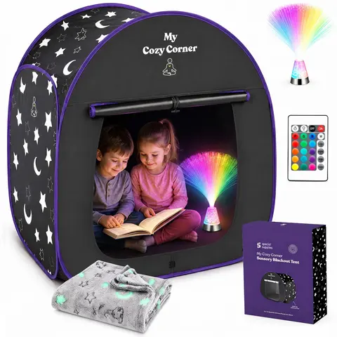 Special Supplies Blackout Sensory Tent for Kids, Pop Up Calming Play Tent with Fiber Optic Lamp and Glow-in-the-Dark Fuzzy Blanket, Indoor Play Tent, Playhouse, Portable Playhouse