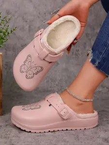 Women's Lightweight Eva Non-Slip Shoes, Adjustable Buckle Slippers, Home Slippers, Flat Slippers, Butterfly Pattern, Warm Faux Fur Lining, Durable Winter Shoes