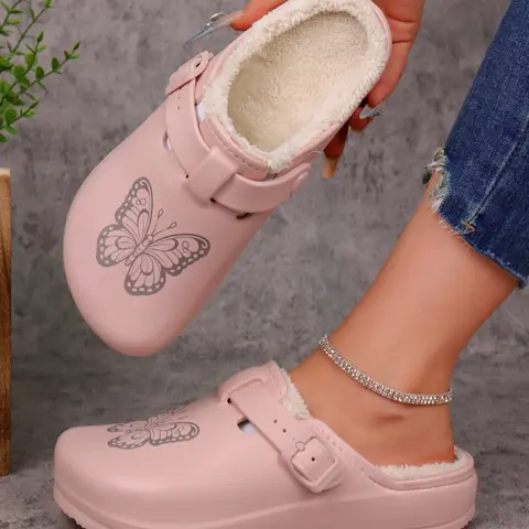 Women's Lightweight Eva Non-Slip Shoes, Adjustable Buckle Slippers, Warm House Slippers, Home Slippers, Indoor Slippers, Flat Slippers, Butterfly Pattern, Warm Faux Fur Lining, Durable Winter Shoes