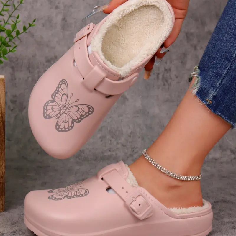 Women's Lightweight Eva Non-Slip Shoes, Adjustable Buckle Slippers, Warm House Slippers, Home Slippers, Indoor Slippers, Flat Slippers, Butterfly Pattern, Warm Faux Fur Lining, Durable Winter Shoes