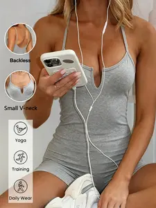🔥 TikTok popular gray backless jumpsuit, spaghetti strap tight jumpsuit, stretchy yoga jumpsuit, suitable for fitness, training, and everyday wear