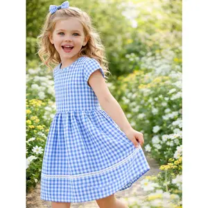Girls Gingham Dress 100% Cotton Summer Dress for Girls Adjustable Back Bow Plaid Dress Pink Blue Yellow 3-13Y