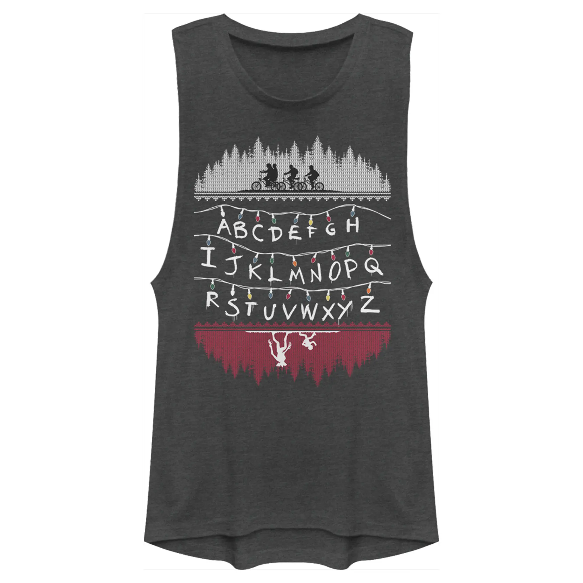Juniors Womens Stranger Things Alphabet Lights Festival Muscle Tee
