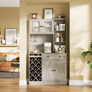 Wine Coffee Bar Cabinet with Storage Hutch – Tall Liquor Cabinet, Upper Acrylic Double Doors, Kitchen Home Bar Buffet Storage