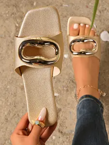 Women's Metal Buckle Flat Beach Sandals, Square Toe Open Toe Slip-On Slippers, Casual Comfortable Summer Outdoor Commuter Daily Wear, Footwear