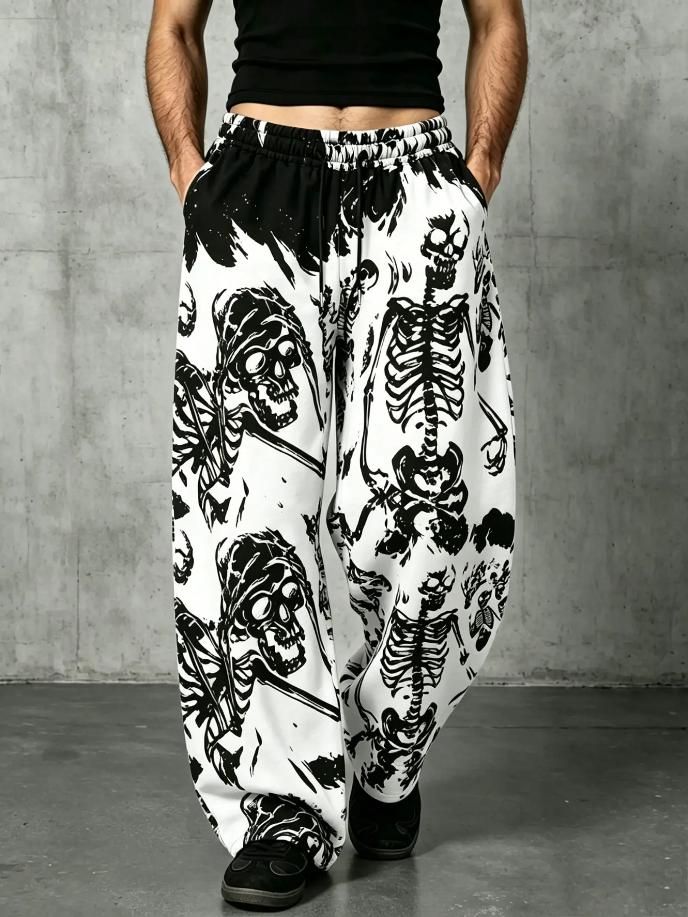 Men’s Gothic Skeleton Print Baggy Sweatpants, Elastic Waist Wide Leg Streetwear Joggers, All Over Skull Graphic Loose Fit Trousers, Casual Loungewear & Skate Pants for Y2K Alt Style, Printed Casual Pants