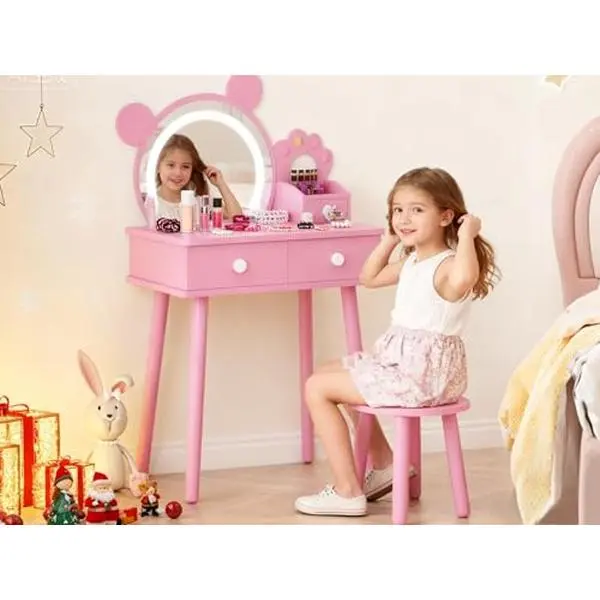 GARVEE Children's Dressing Table with Bear Mirror and Lights - Stool and Drawers - Wooden Princess Makeup Set - Ideal for Bedroom and Play - Pink