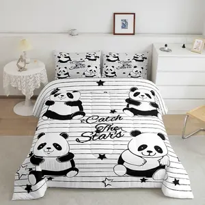 Cute Panda Cartoon Print Quilt Set, 3 Piece Bedding Kit (1 Quilt + 2 Pillowcases), Soft Breathable, Digital Print, Kids Gift