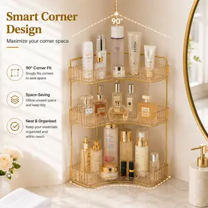 3-Tier Clear Acrylic Corner Shower Caddy Organizer with Gold Metal Frame, Space-Saving Home Storage Rack for Bathroom & Bedroom, Light Luxury Vanity Cosmetic Holder