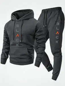 Men's Hooded Casual Tracksuit - Vertical Contrast "BLACK" Lettering Hoodie & Jogger Two-Piece Set for Comfort