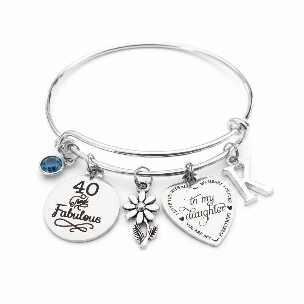 Personalized 40 & Fabulous Daughter Charm Bracelet | Birthstone + Initial | Expandable Bangle